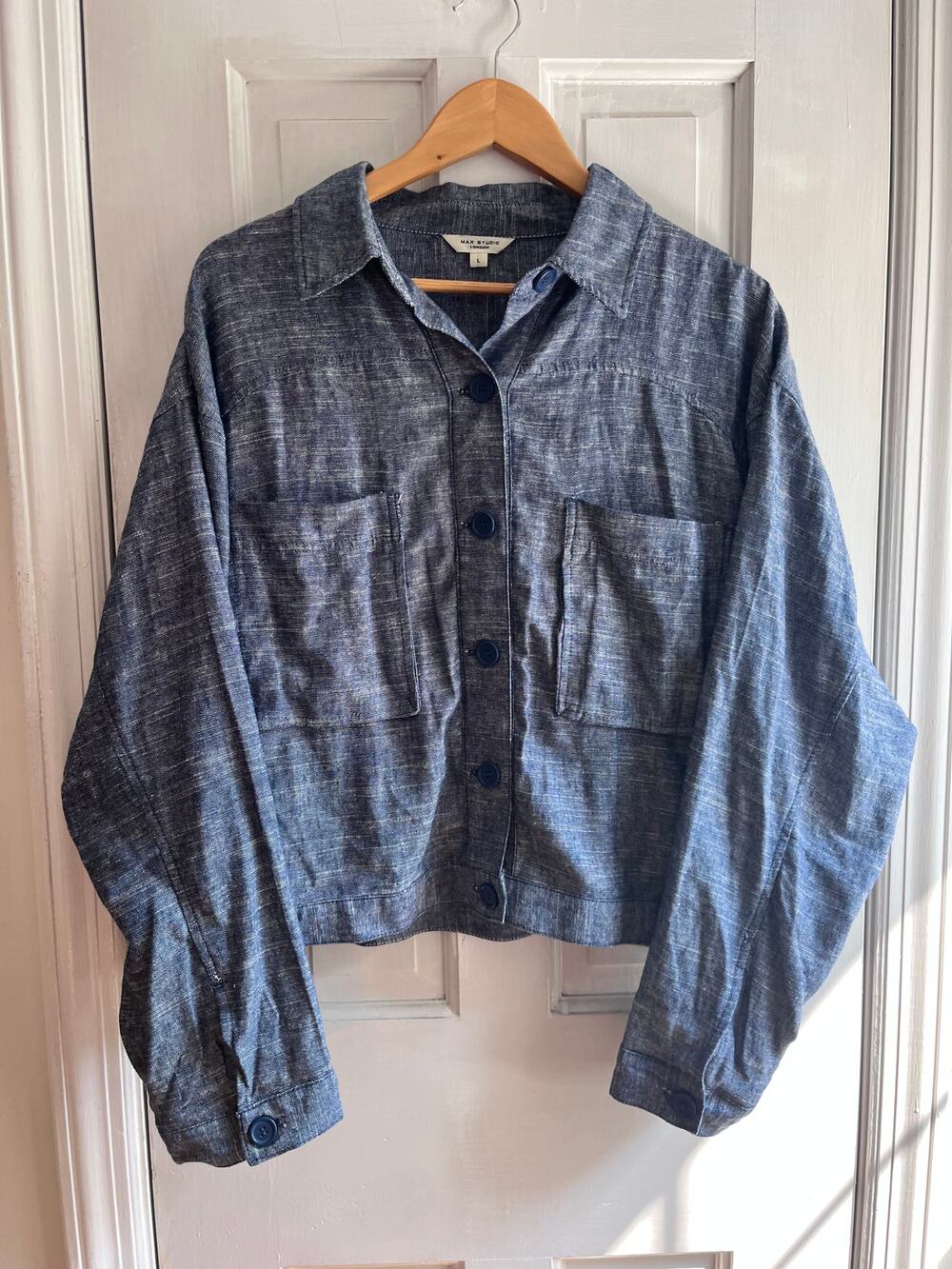 Max Studio London Blue Linen Blend Cropped Utility Shacket Shirt Jacket L